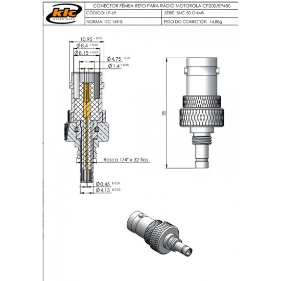 Adaptador Bnc Fêmea Reto marca klc Radio Motorola Cp200/ep450/dep450